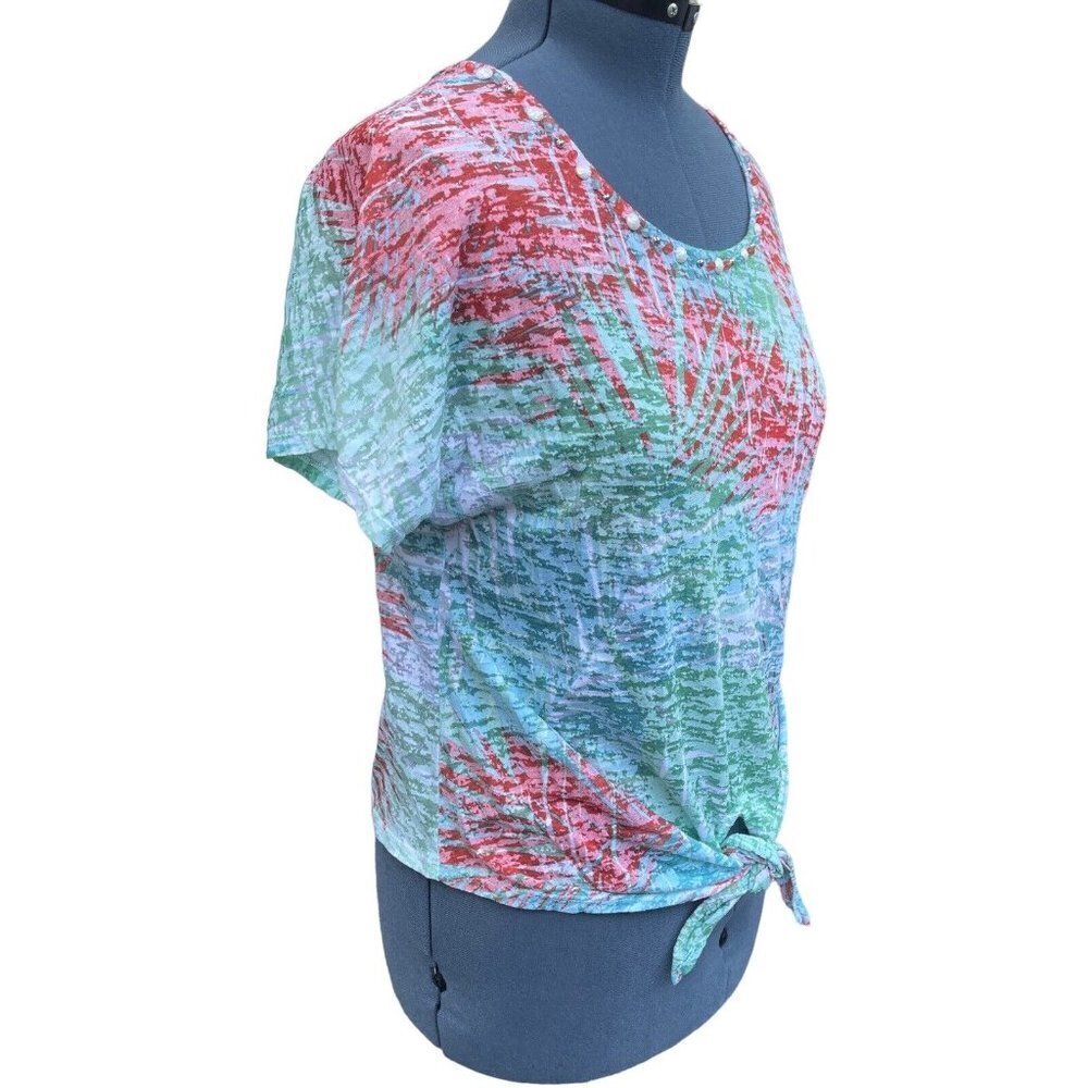 LARA LANE Petites Tie-Front Top Size PL Multicolor Scoop Neck Gemmed Burn-Out - Picture 2 of 14